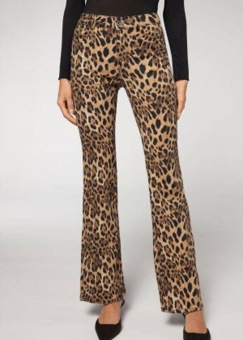 παντελονι Calzedonia Animal Print Flared γυναικεια καφε | GR2713GL