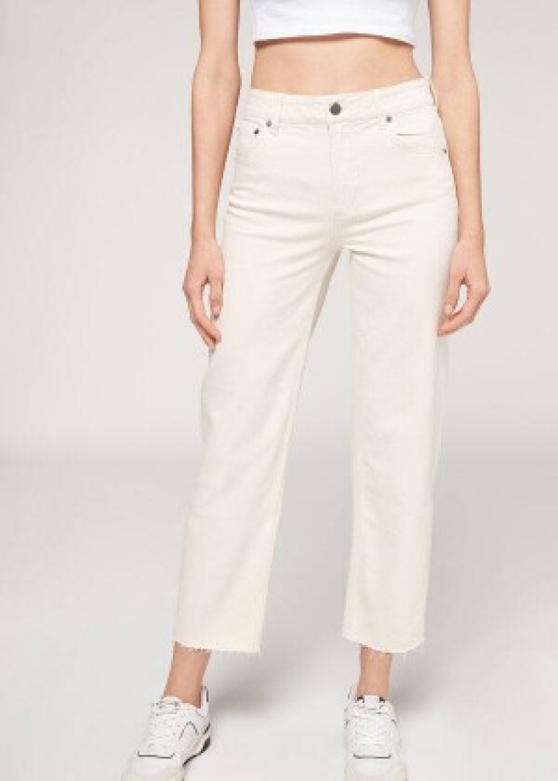 παντελονι Calzedonia Cropped Ευθεία-Leg γυναικεια ασπρα | GR2724RW