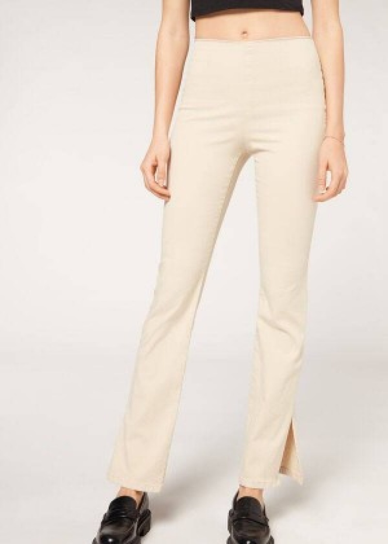 παντελονι Calzedonia High-waist Flared in Denim with Slits γυναικεια καφε Μπεζ | GR2732CE