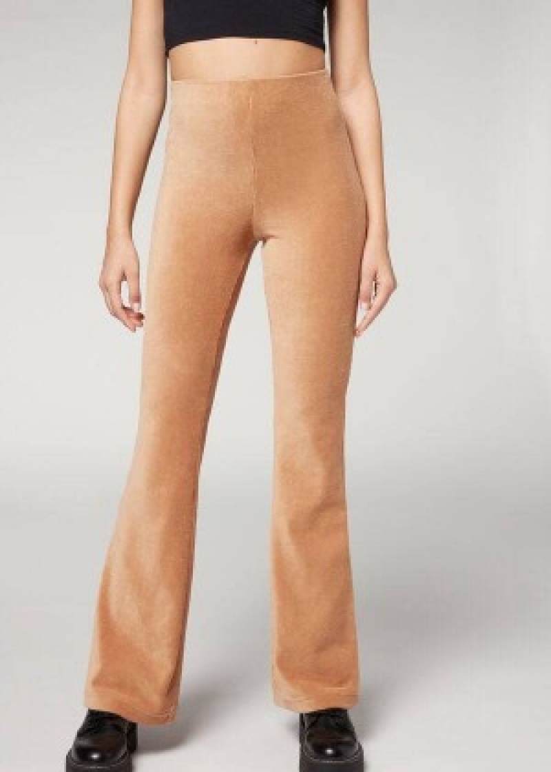 παντελονι Calzedonia Πλευρωτός Flared Velvet γυναικεια καφε | GR2736KI